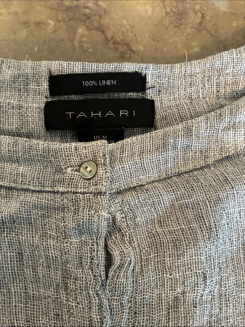 Tahari Gray Linen Button-Neck Blouse